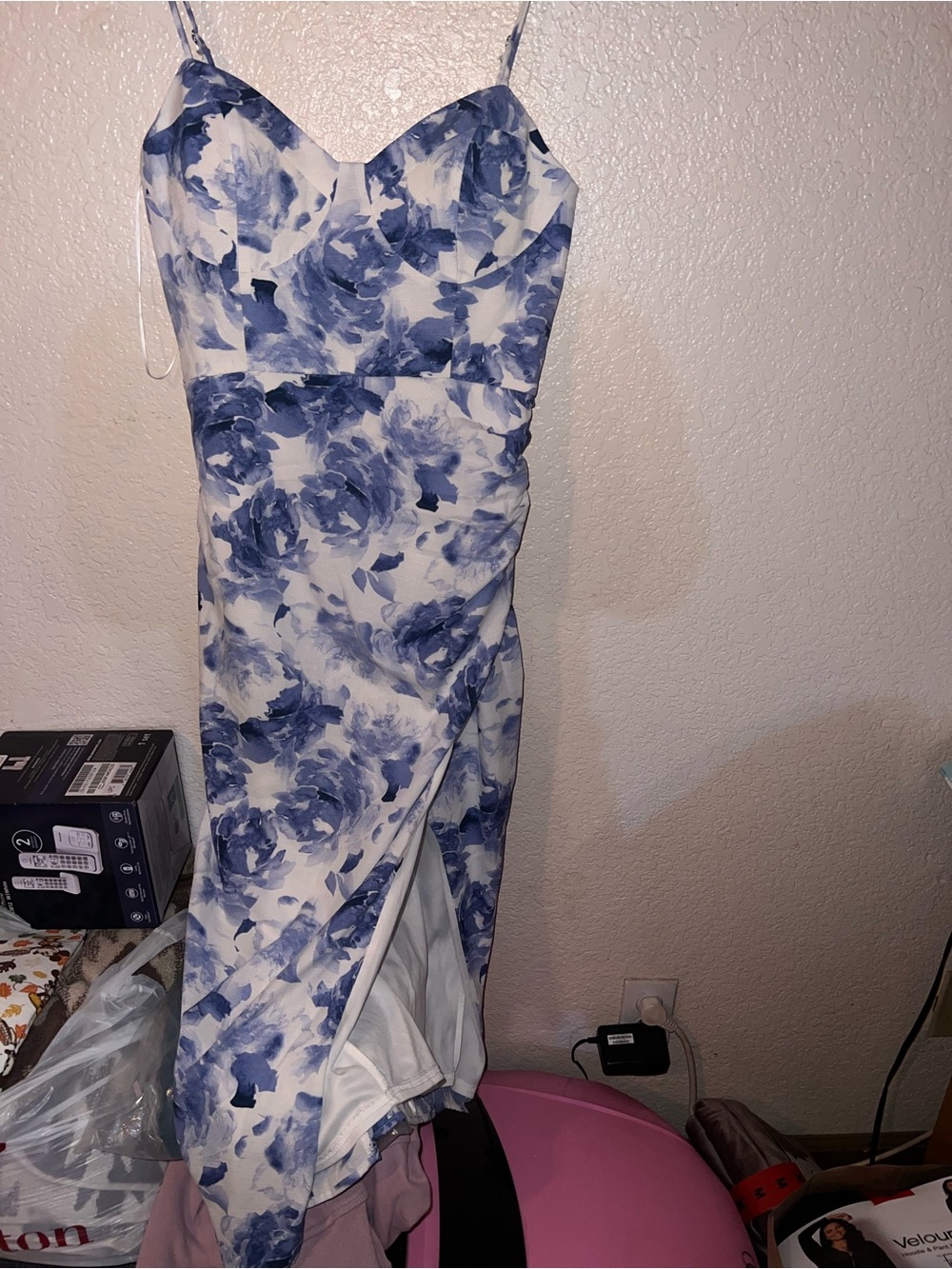 Windsor Blue and White Floral Slit Midi Dress